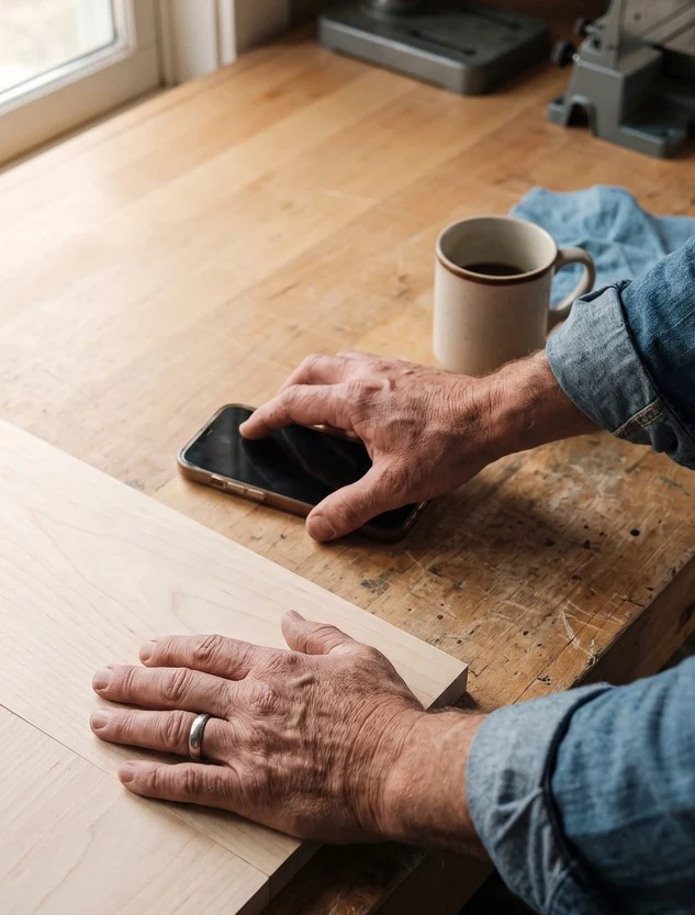 Hands resting on a table beside a phone